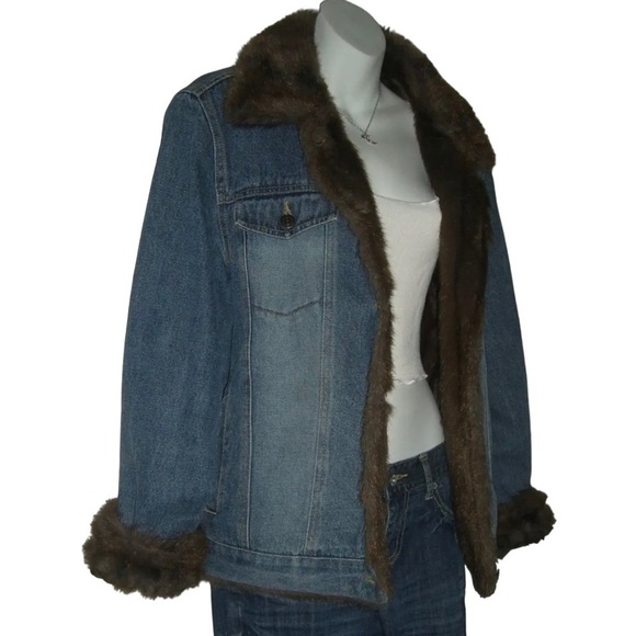 Vintage 90's Denim Jacket Faux Fur Penny Lane Fully Lined y2k Jean Coat Boho L - Picture 3 of 16
